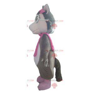 Mascote de lobo cinza branco e rosa com óculos - Redbrokoly.com