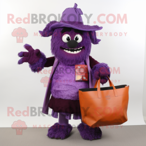 Purple Goulash mascot costume character dressed with a Coat and Tote bags