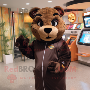 Brown Panther mascot costume character dressed with a Sweatshirt and Coin purses
