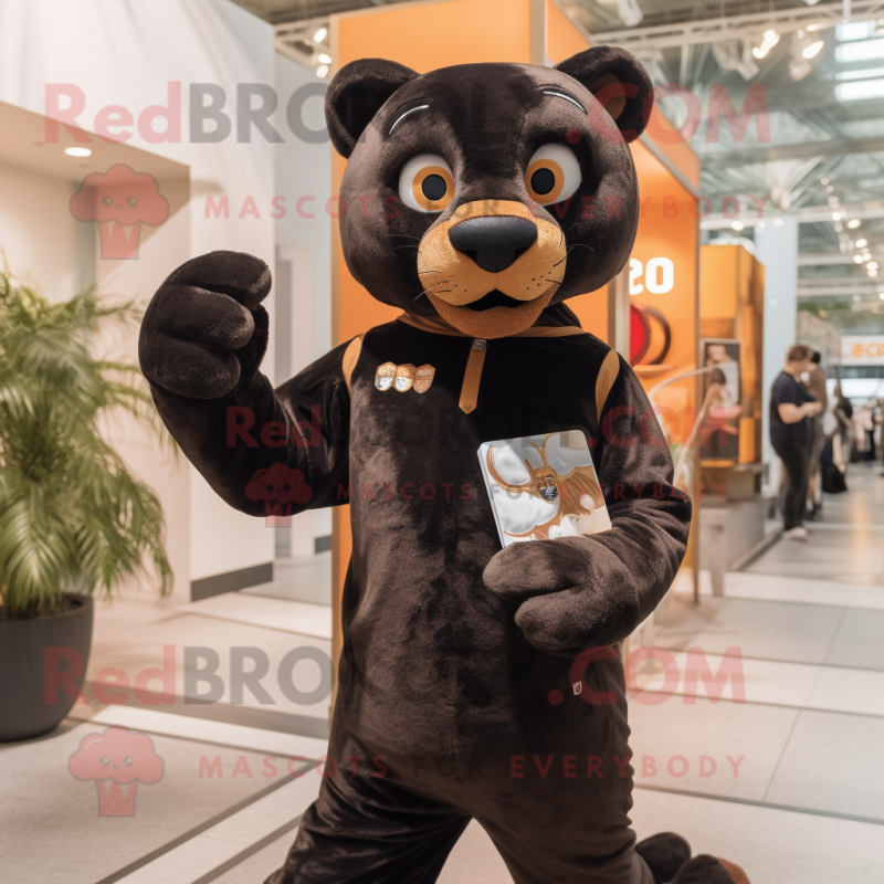 Brown Panther mascot costume character dressed with a Sweatshirt and Coin purses