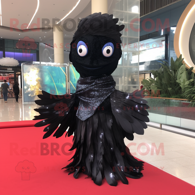 Black Betta Fish mascot costume character dressed with a Evening Gown and Scarves