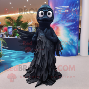 Black Betta Fish mascot costume character dressed with a Evening Gown and Scarves