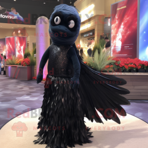 Black Betta Fish mascot costume character dressed with a Evening Gown and Scarves