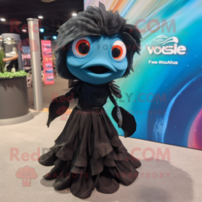 Black Betta Fish mascot costume character dressed with a Evening Gown and Scarves