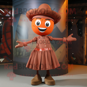 Rust Acrobat mascot costume character dressed with a Skirt and Hat pins