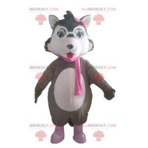 Mascotte de loup gris blanc et rose avec des lunettes -