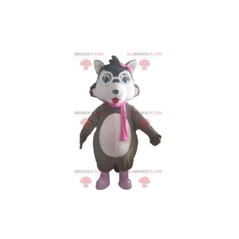 Mascote de lobo cinza branco e rosa com óculos - Redbrokoly.com