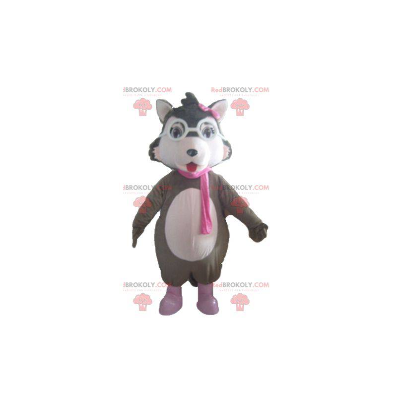 Witte en roze grijze wolf mascotte met bril - Redbrokoly.com
