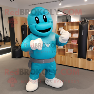 Turquoise Boxing Glove mascot costume character dressed with a Rugby Shirt and Messenger bags