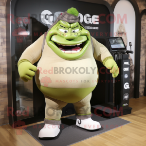 Olive Ogre mascot costume character dressed with a Joggers and Caps