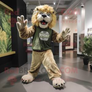 Olive Saber-Toothed Tiger mascot costume character dressed with a Graphic Tee and Foot pads