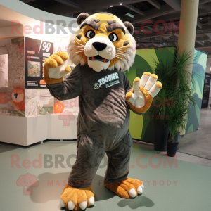 Olive Saber-Toothed Tiger mascot costume character dressed with a Graphic Tee and Foot pads