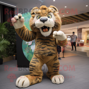 Olive Saber-Toothed Tiger mascot costume character dressed with a Graphic Tee and Foot pads