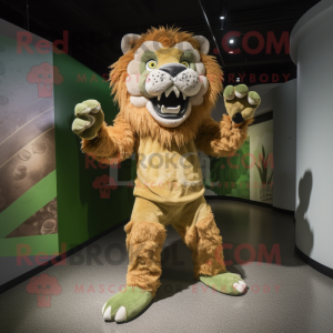 Olive Saber-Toothed Tiger mascot costume character dressed with a Graphic Tee and Foot pads