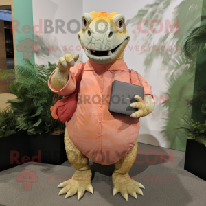 Peach Iguanodon mascot costume character dressed with a Romper and Clutch bags