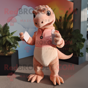 Peach Iguanodon mascot costume character dressed with a Romper and Clutch bags