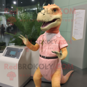 Peach Iguanodon mascot costume character dressed with a Romper and Clutch bags