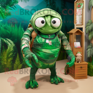 Forest Green Hermit Crab mascot costume character dressed with a Playsuit and Handbags