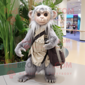 Silver Capuchin Monkey mascot costume character dressed with a Maxi Dress and Backpacks