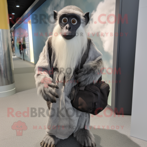Silver Capuchin Monkey mascot costume character dressed with a Maxi Dress and Backpacks
