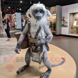 Silver Capuchin Monkey mascot costume character dressed with a Maxi Dress and Backpacks