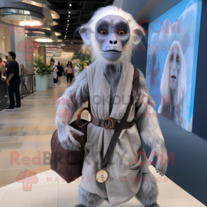 Silver Capuchin Monkey mascot costume character dressed with a Maxi Dress and Backpacks