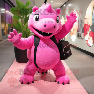 Pink Ankylosaurus mascot costume character dressed with a Jeggings and Messenger bags