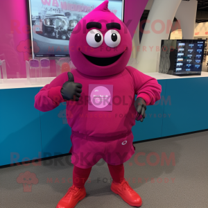 Magenta Plum mascot costume character dressed with a Rash Guard and Smartwatches