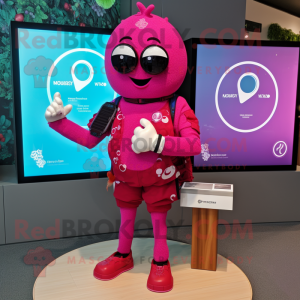 Magenta Plum mascot costume character dressed with a Rash Guard and Smartwatches