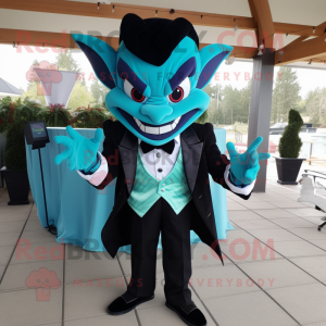 Turquoise Vampire mascot costume character dressed with a Tuxedo and Bow ties