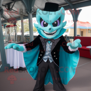 Turquoise Vampire mascot costume character dressed with a Tuxedo and Bow ties