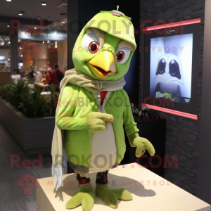 Lime Green Woodpecker mascot costume character dressed with a Cover-up and Bracelets