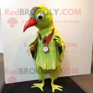 Lime Green Woodpecker mascot costume character dressed with a Cover-up and Bracelets
