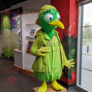 Lime Green Woodpecker mascot costume character dressed with a Cover-up and Bracelets