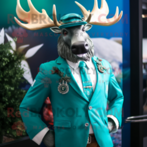 Turquoise Irish Elk mascot costume character dressed with a Suit Jacket and Belts