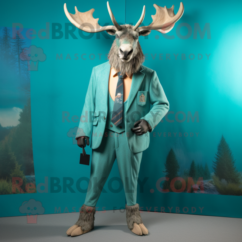 Turquoise Irish Elk mascot costume character dressed with a Suit Jacket and Belts