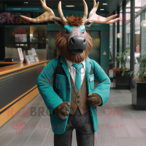 Turquoise Irish Elk mascot costume character dressed with a Suit Jacket and Belts