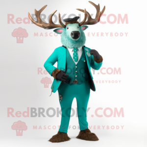 Turquoise Irish Elk mascot costume character dressed with a Suit Jacket and Belts