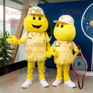 Lemon Yellow Tennis Racket mascot costume character dressed with a Suit Pants and Berets