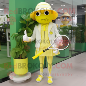 Lemon Yellow Tennis Racket mascot costume character dressed with a Suit Pants and Berets