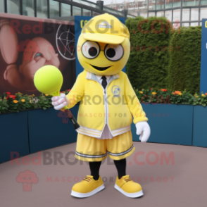 Lemon Yellow Tennis Racket mascot costume character dressed with a Suit Pants and Berets