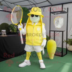 Lemon Yellow Tennis Racket mascot costume character dressed with a Suit Pants and Berets