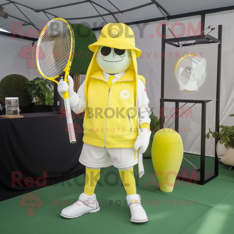 Lemon Yellow Tennis Racket mascot costume character dressed with a Suit Pants and Berets