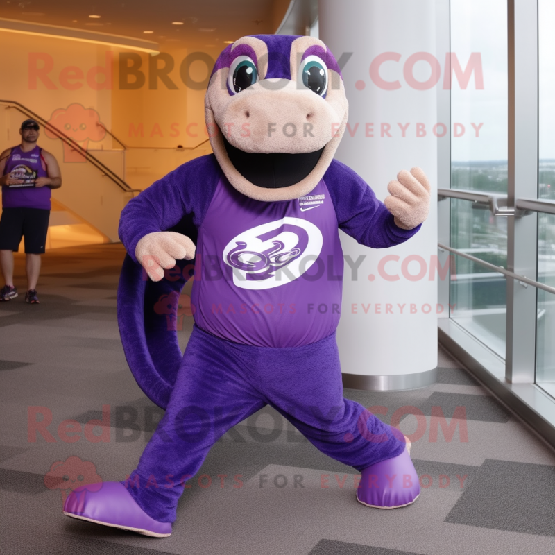 Purple Titanoboa mascot costume character dressed with a Running Shorts and Brooches