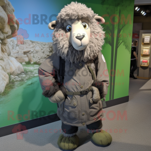 Gray Suffolk Sheep mascot costume character dressed with a Parka and Bracelets