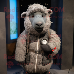 Gray Suffolk Sheep mascot costume character dressed with a Parka and Bracelets