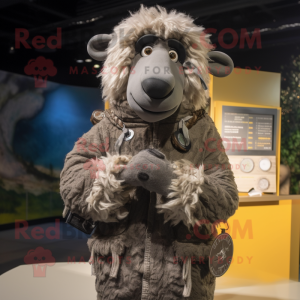 Gray Suffolk Sheep mascot costume character dressed with a Parka and Bracelets