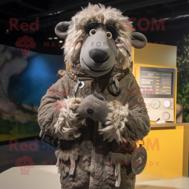 Gray Suffolk Sheep mascot costume character dressed with a Parka and Bracelets Gray Suffolk Sheep mascot costume character dressed with a Parka and Bracelets