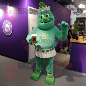 Purple Green Beer mascot costume character dressed with a Trousers and Brooches