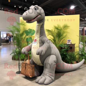 Gray Brachiosaurus mascot costume character dressed with a Culottes and Messenger bags
